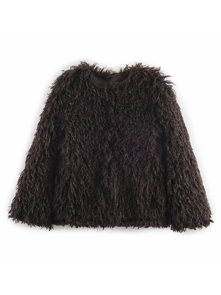 أزياء براون فو الفراء معطف المرأة جولة الرقبة فضفاضة طويلة الأكمام سميكة أفخم سترة قصيرة شتاء جديد