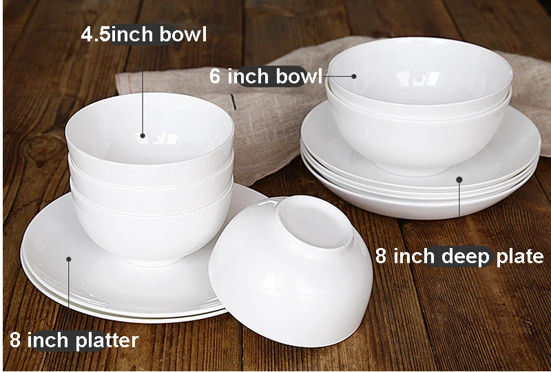 12pcs/lot, Plain White Bone China Dinner Plates and Bowl, Porcelain Food Container, Dinnerware Set Servies, Ceramic Soup Bowl