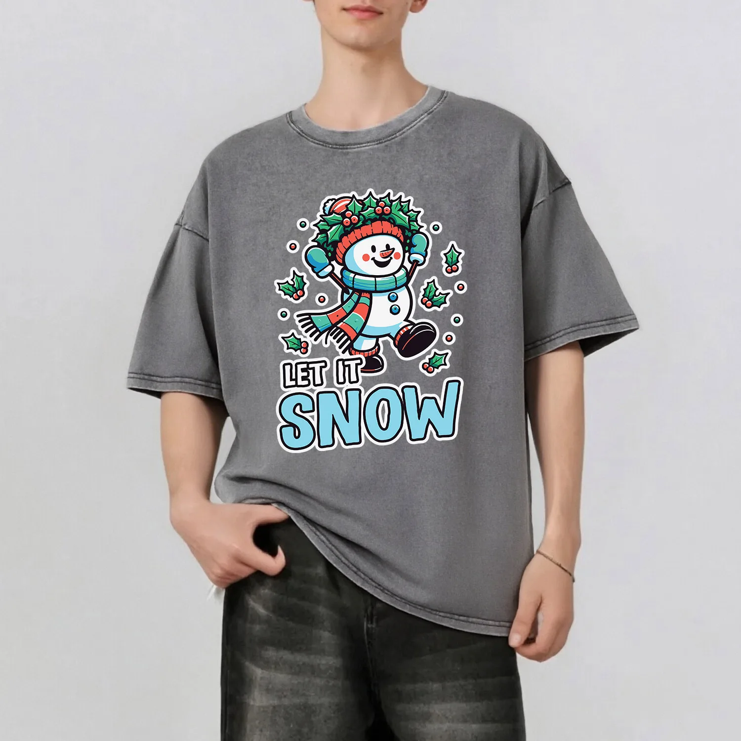 

Christmas Snowman Graphic Printing Men's Summer Retro Style Washed Water T-Shirt Casual Short Sleeved Basic Men's Top 230G