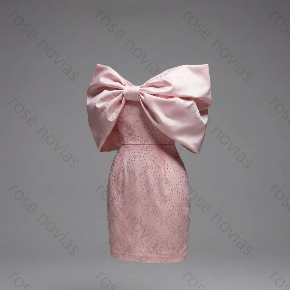 

Customized 2026 Hot Sale Blush Pink Formal Dress Strapless Oversized Bow Rhinestone Bodycon Mini Gown Women Party