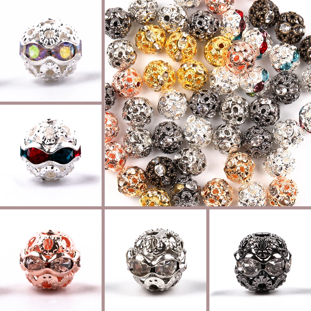 10-50pcs/Lot AB Color Metal Rhinestone Beads Round Loose Beads for Jewelry Making DIY Necklace Bracelet Accessories 6/8/10/12mm