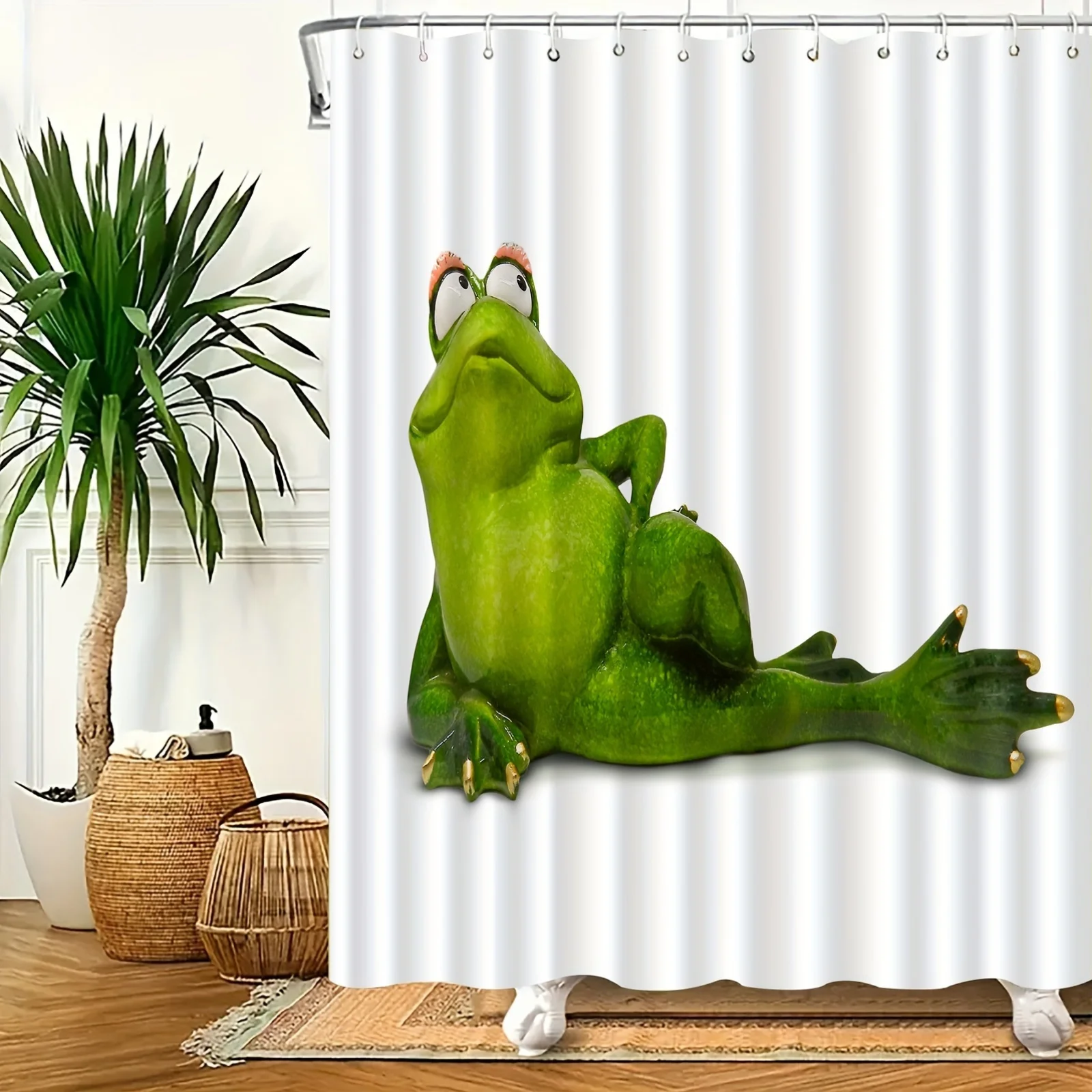 Funny Frog Shower Curtain, Green Lying Pose & Big Eyes Print Waterproof Bathroom Decor, Cute Animal Home Bath Screen