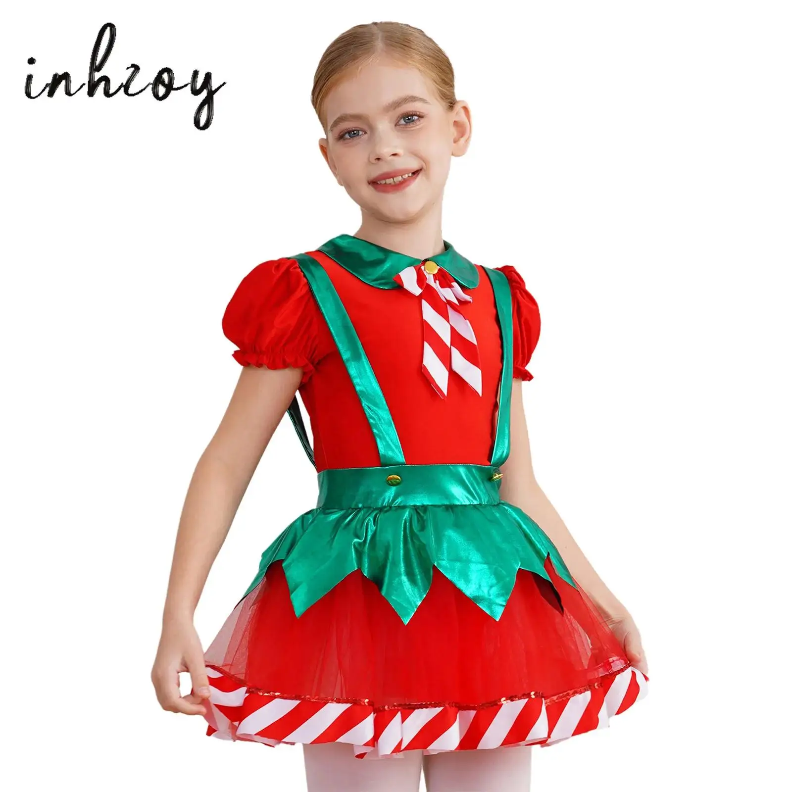 

Kids Girls Christmas Elf Costume Candy Cane Puff Sleeve Tutu Dress Ballet Dance Figure Skating Leotard Performance Dancewear