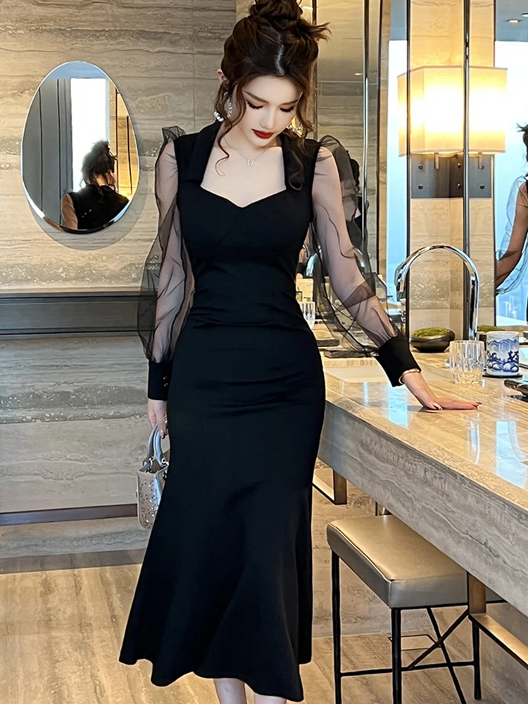 Robe sirène noire en maille transparente, élégante, Sexy, de qualité, pour femmes, manches bouffantes, tenue de soirée, de Banquet, 2023