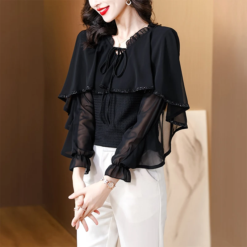 

Vintage Women's Blouses Casual Ruffled Shirts Fashion Loose Spring/Summer Chiffon Clothing Long-sleeved Korean Women Tops