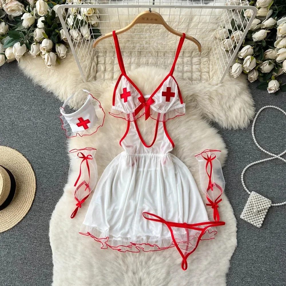 

V-Neck Strap White Dress Hollow Out Backless Sexy Nurse Cosplay Dress See Through Lace Patchwork Short Dress Lady's Sleepwear