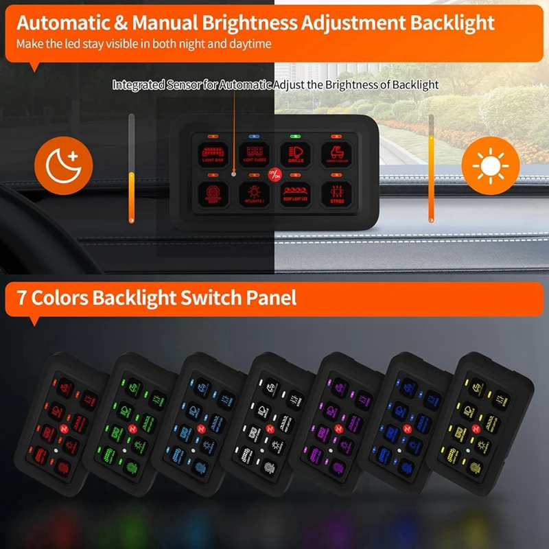 8 Gang Switch Panel RGB LED Light Switch Panel Multifunction Toggle/Momentary/Pulsed Touch Control Switch Pod Box