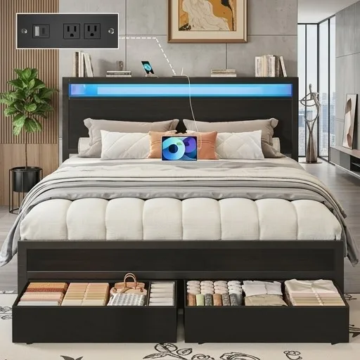 

Queen Bed Frame with Storage Headboard, 2 Drawers & Charging Station, LED Lights, No Box Spring