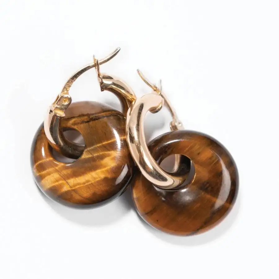 Women Tiger Eye Donut Dangle Huggie Hoop Earrings Gold Leverback Drop Earrings Boho Natural Stone Minimalist