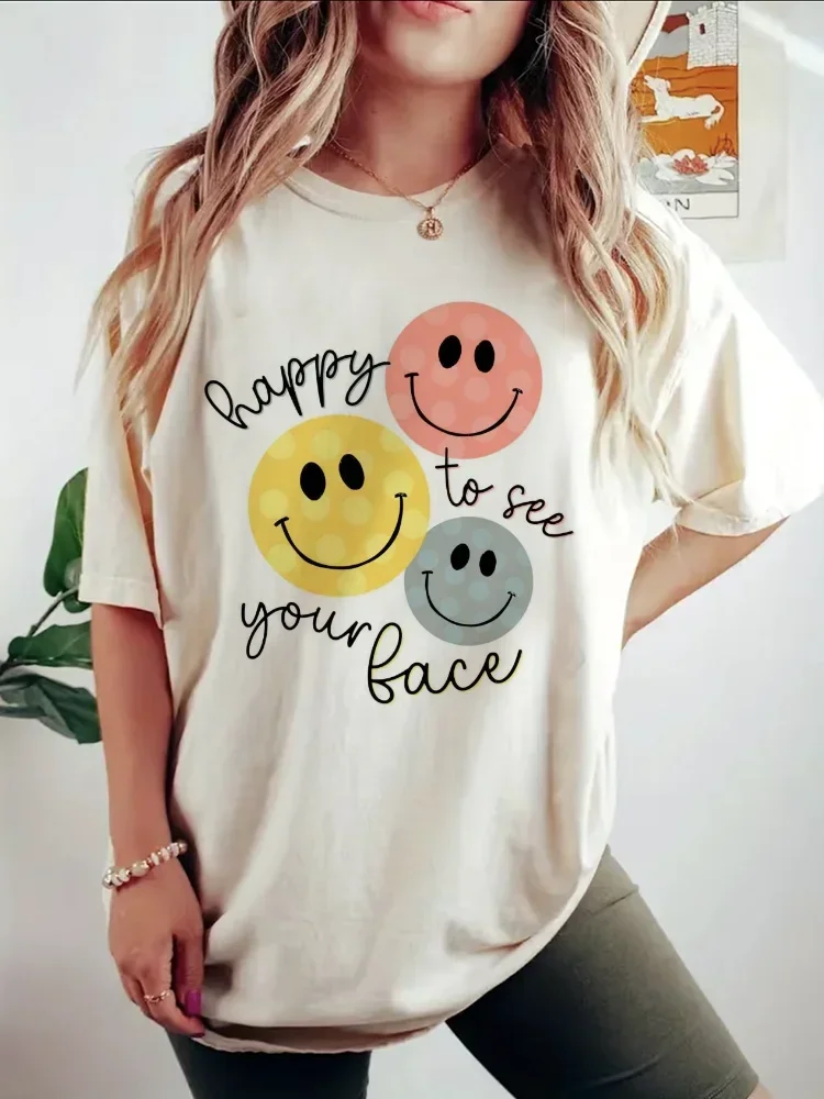 Happy To See Your Face Teacher Life Printed T-Shirt Fashion Cute Women\'s Summer Short Sleeved Casual Style Top Summer T-Shirt