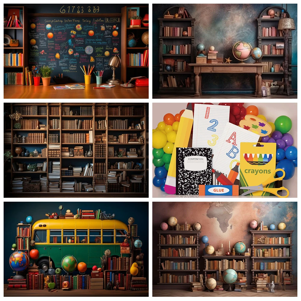 

Back to School Blackboard Graduation Photography Background Kids Birthday Portrait Backdrop Library Bookshelf Photo Studio Decor