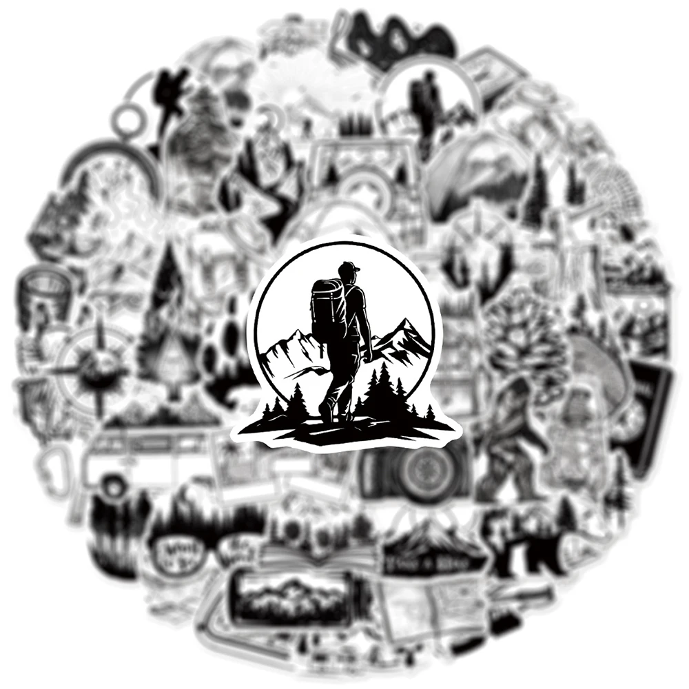 10/30/50 قطعة مضحك التنزه السفر تسلق الجبال ملصقات التخييم في الهواء الطلق أسود أبيض الكتابة على الجدران الشارات لحقيبة الهاتف المحمول