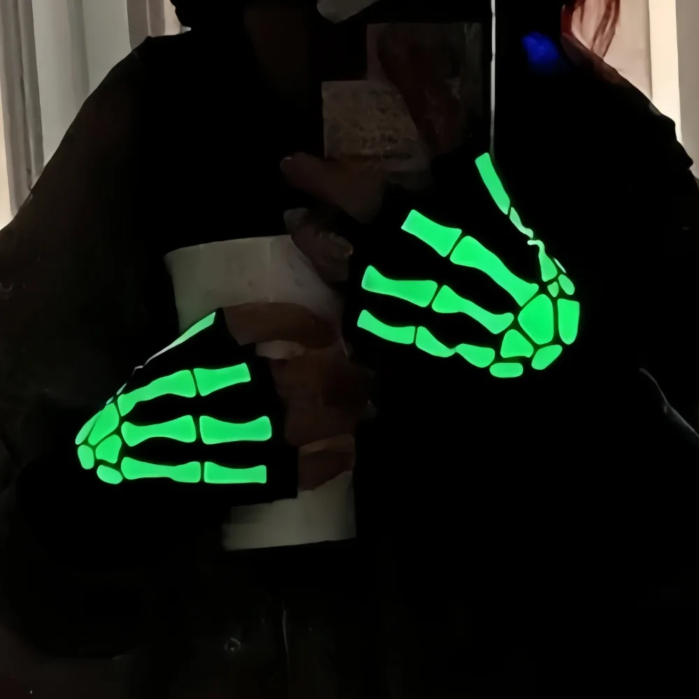 Unisex Halloween Skeleton Skull Half Finger Gloves Acrylic Fiber Glow in The Dark Fingerless Elasticity Gloves Cycling Equipment