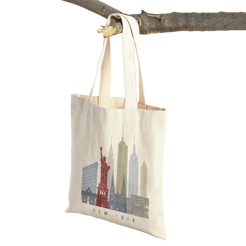 London New York City Landmark Building Women Shopping Bags Double Print Casual Canvas Handbag Vintage Art Tote Lady Shopper Bag