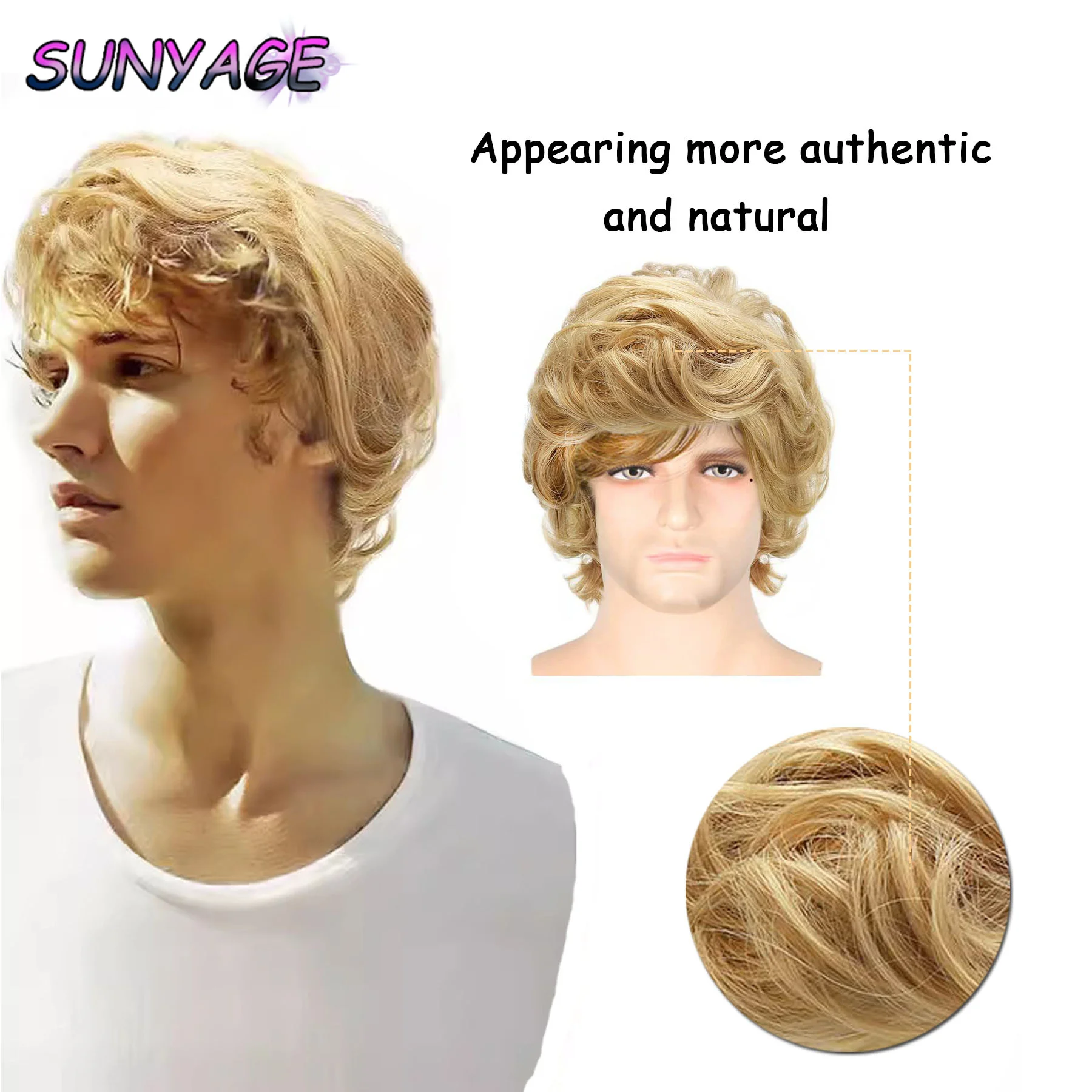 SUNYAGE-peruca loira curta masculina, cabelo sintético em camadas, Cosplay masculino, Anime Peruca Halloween