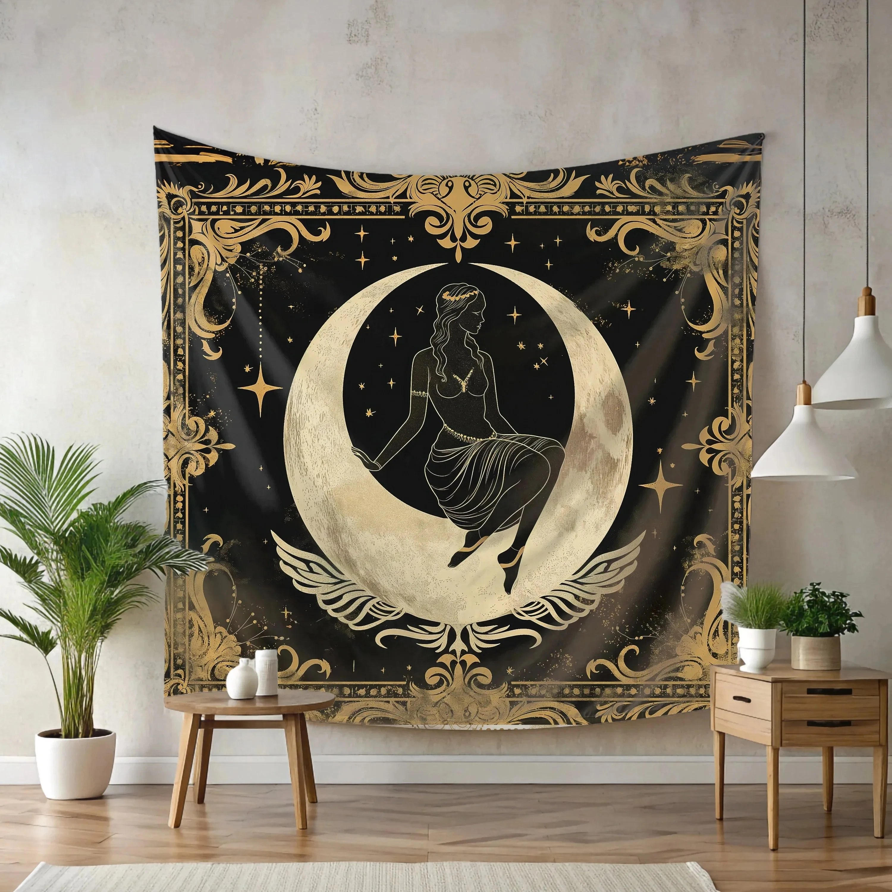 

Gold Moon Goddess Tapestry Wall Hanging Bohemian Astrology Art Peach Skin Fabric for Bedroom Living Room Home Decor Aesthetic