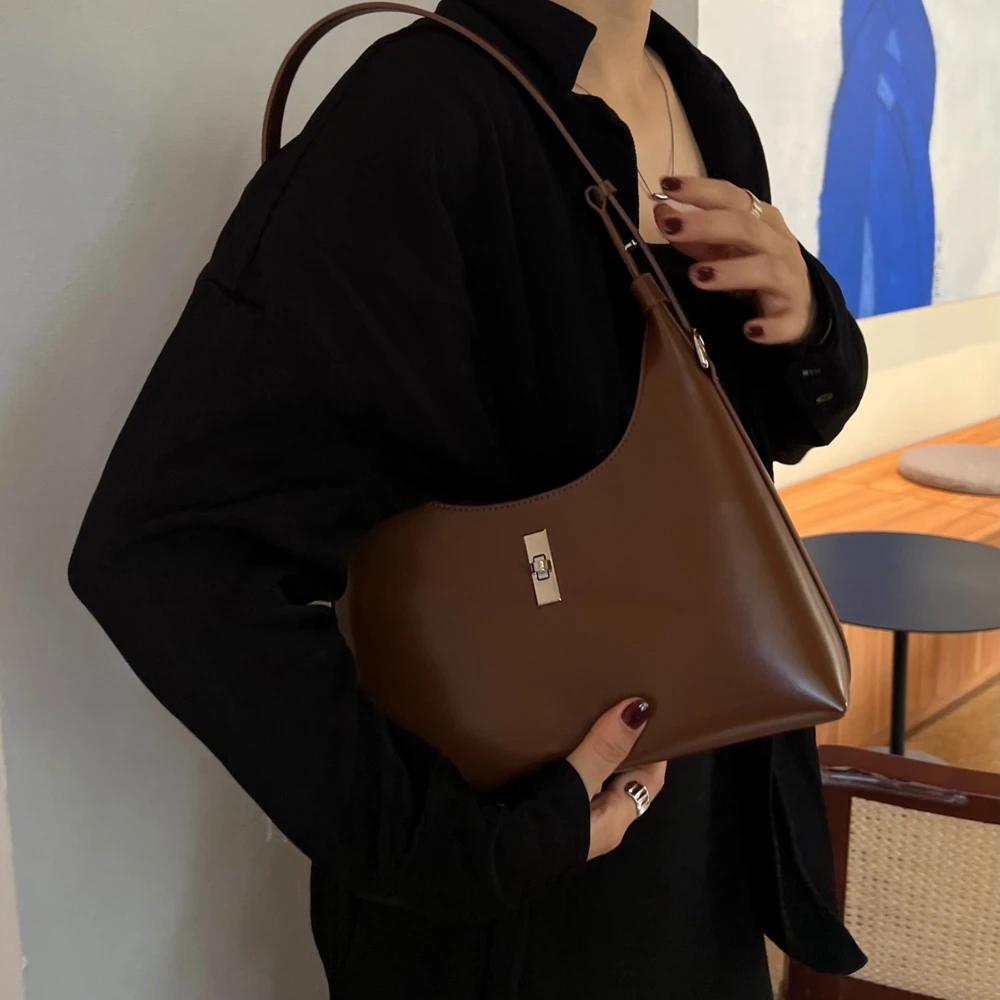 Black Fashion Simple Women Bag\\Handbag Genuine Leather Saddle Bag Real Leather Female Armpit Shoulder Bag Crossbody Bag