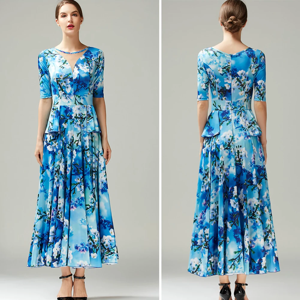 Costume da valzer Abito lungo nero Occasioni formali Manica corta Flamenco Girocollo Sala da ballo Abito da spettacolo blu