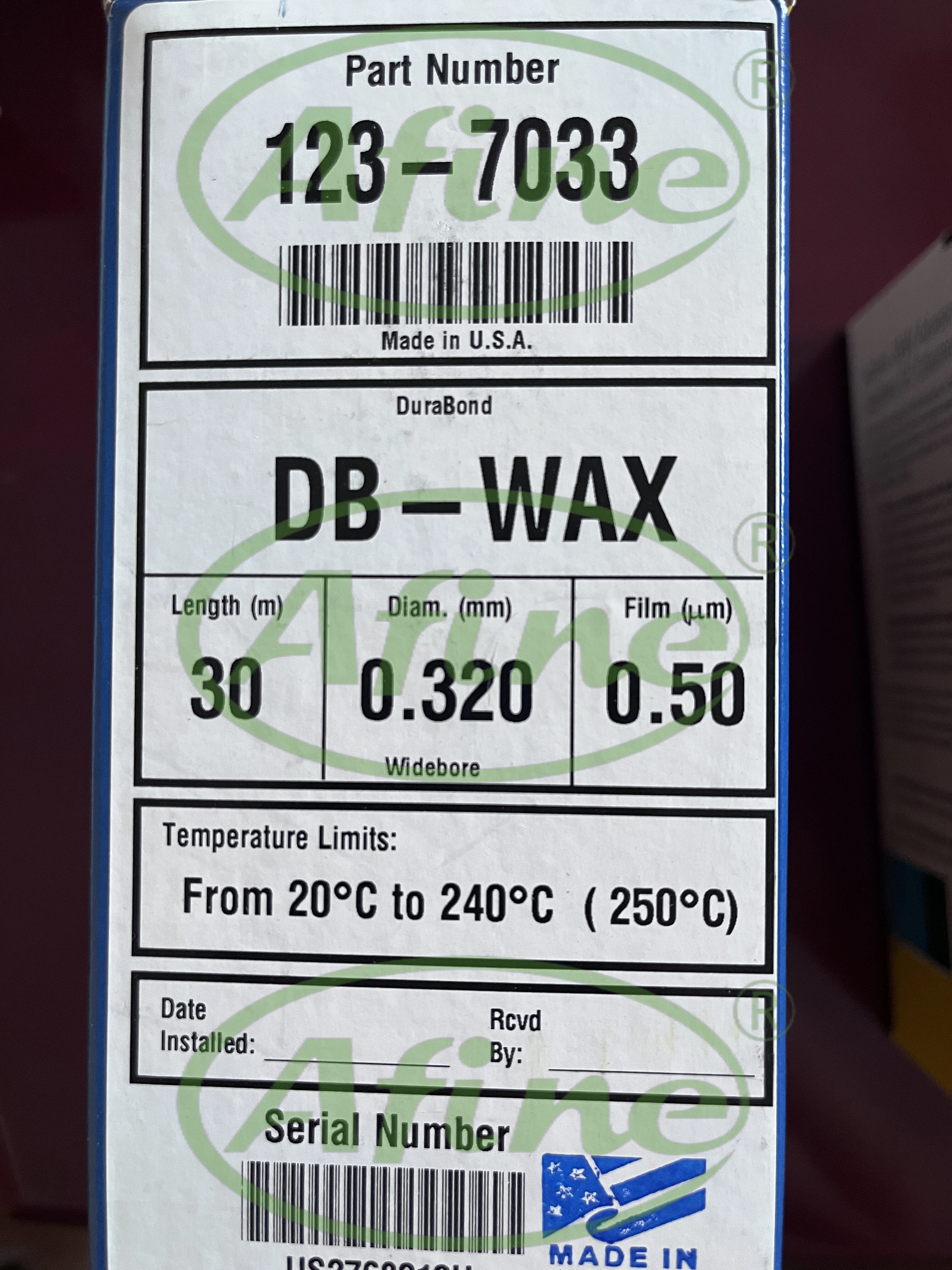 AFINE Agilent J&W DB-WAX GC คอลัมน์ (123-7033), 30 ม., 0.32 มม., 0.50 μm, กรง 7 นิ้ว