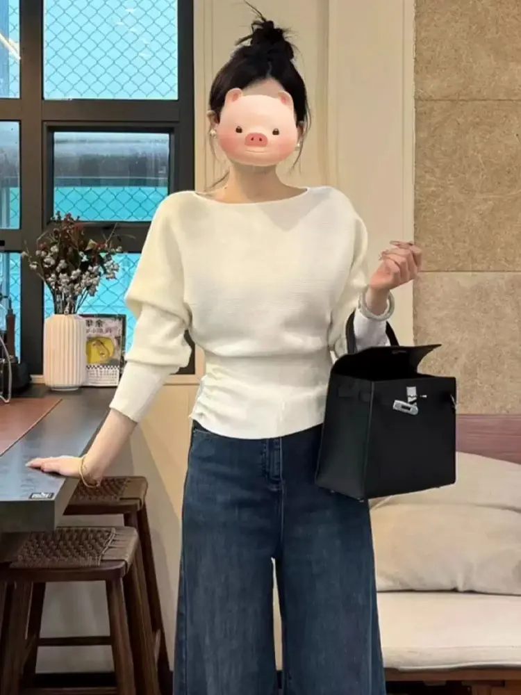 한국 슬레 여성 니트 원숄더 스웨터 슬림핏 롱 스웨터 라운드 넥 베이스 이너웨어 캐주얼 데일리 탑