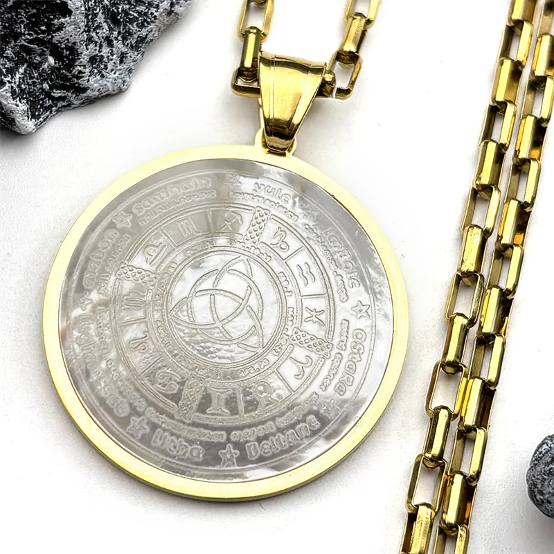 

Witch Irish Knot Astrology Shell Necklace for Women Men Stainless Steel Triquetra Pagan Wheel of the Year Necklaces Jewelry Gift