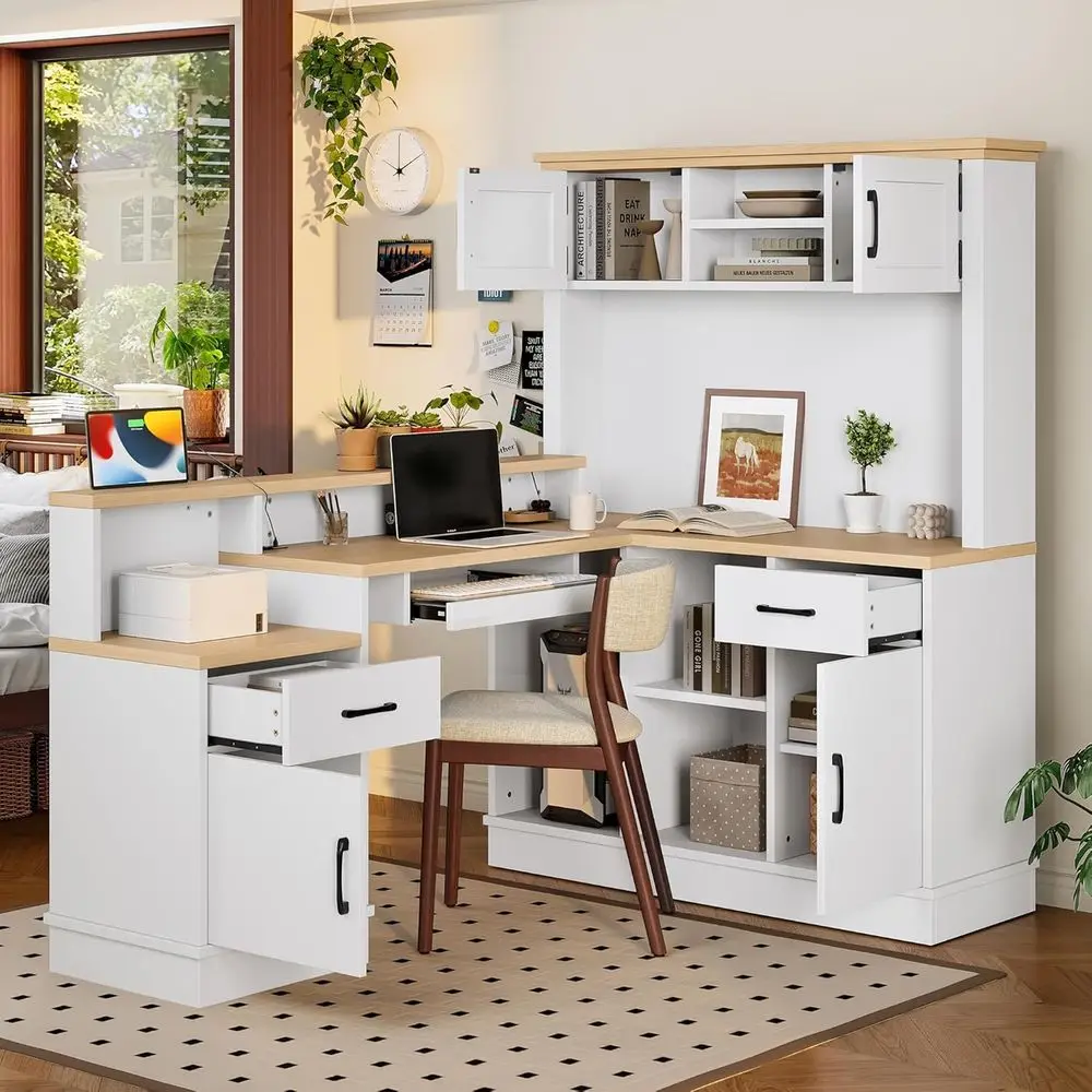 

Белый угловой стол с розеткой, ящиками и книжной полкой — идеально подходит для использования в качестве компьютерного стола, домашнего офиса, для игр, учебы и письма