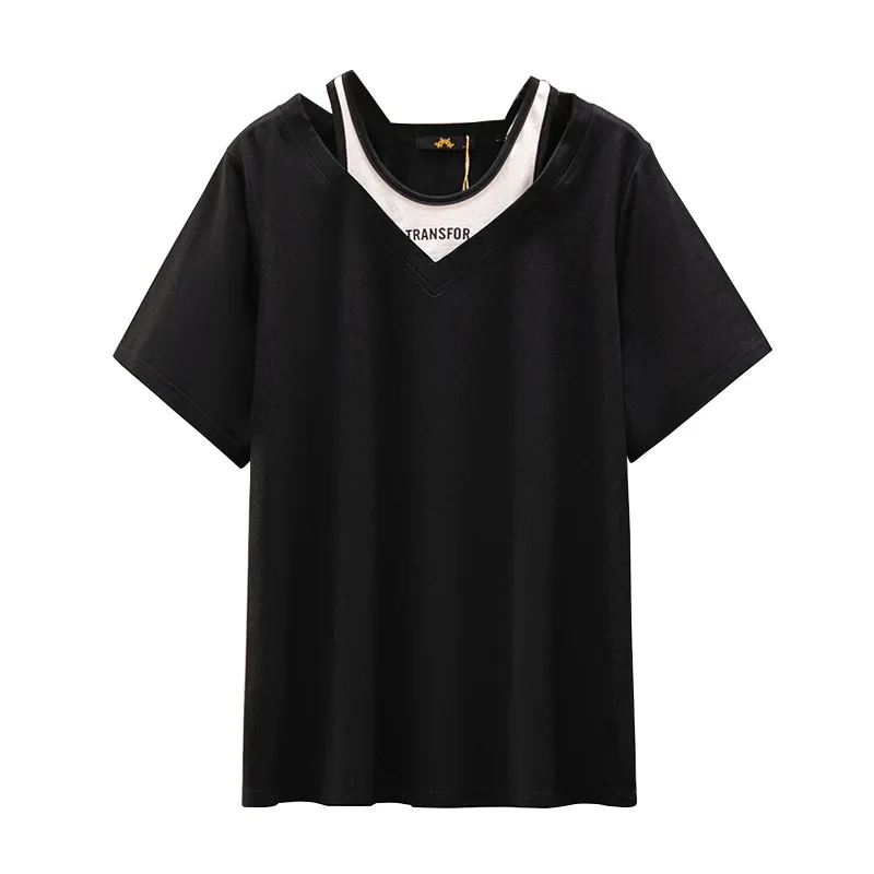 150Kg Plus Size Women\'s Bust 152 Summer Loose Fake Two-Piece Short-Sleeve T-Shirt Black White 5XL 6XL 7XL 8XL 9XL