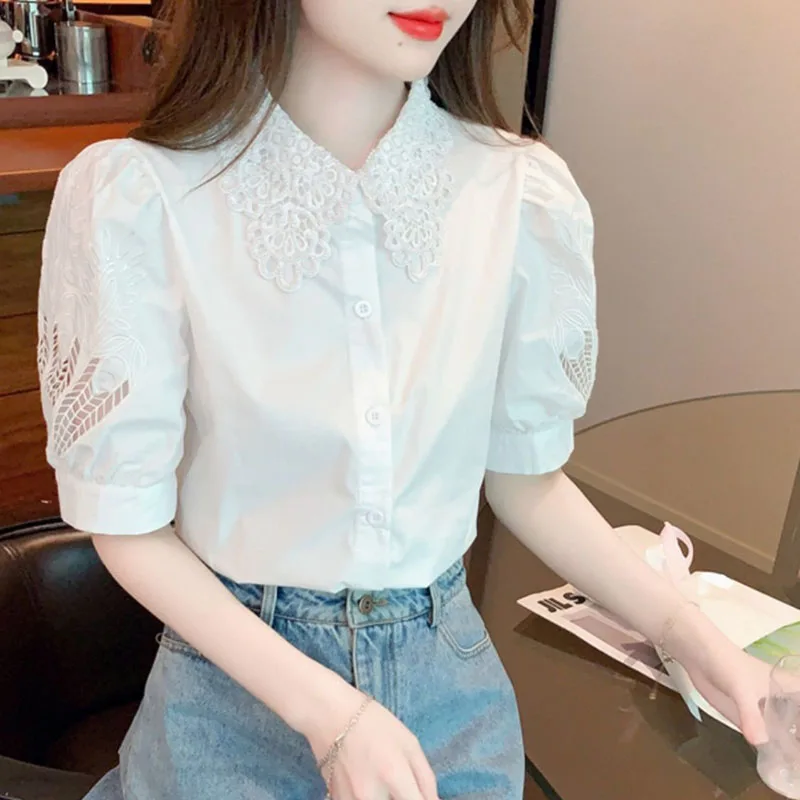

Sweet Lapel Spliced Embroidery Hollow Out Puff Sleeve Shirts Female Clothing 2025 Summer New Loose Korean Tops All-match Blouses