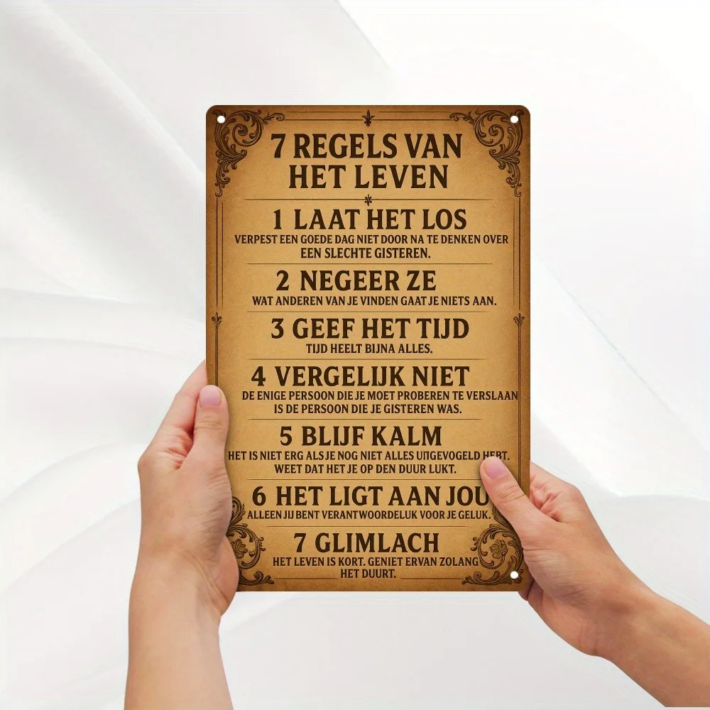 [مسطح [مسطح] لافتة حائط معدنية هولندية عتيقة "7 Regels Van Het Leven" - ديكور حديد ريفي مع قواعد ملهمة للعيش