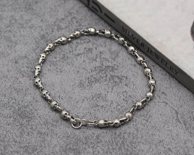 S925 Silver Jewelry European and American Trend Skull Head Korean Edition Pure Silver Bracelet Men's Thai Silver Punk Personalit