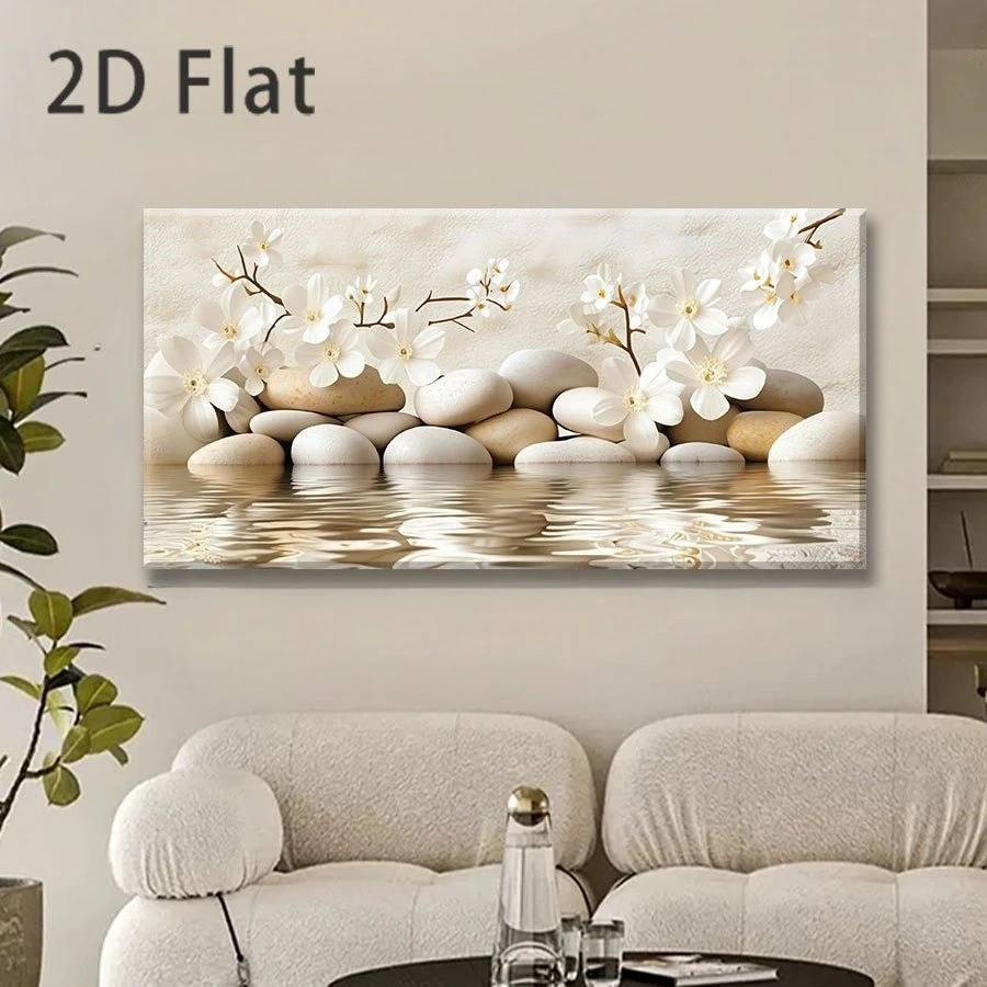 

2D Flat, Frameless Canvas Poster White Flowers and Stones, Perfect for Decorating Your Office, Kitchen, Living Room, Bedroom