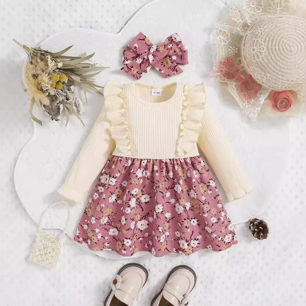 

Toddler Baby Girl Dress Round Neck Ruffle Rib Patchwork Ditsy Flower Frock Long Sleeved Kids Dress with Headband