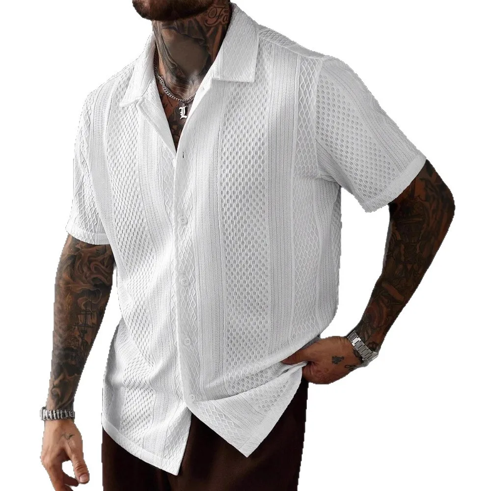 

Spring and Summer Men's French Shirt Solid Color Hollow Texture Short Sleeve Lapel Breathable Shirt