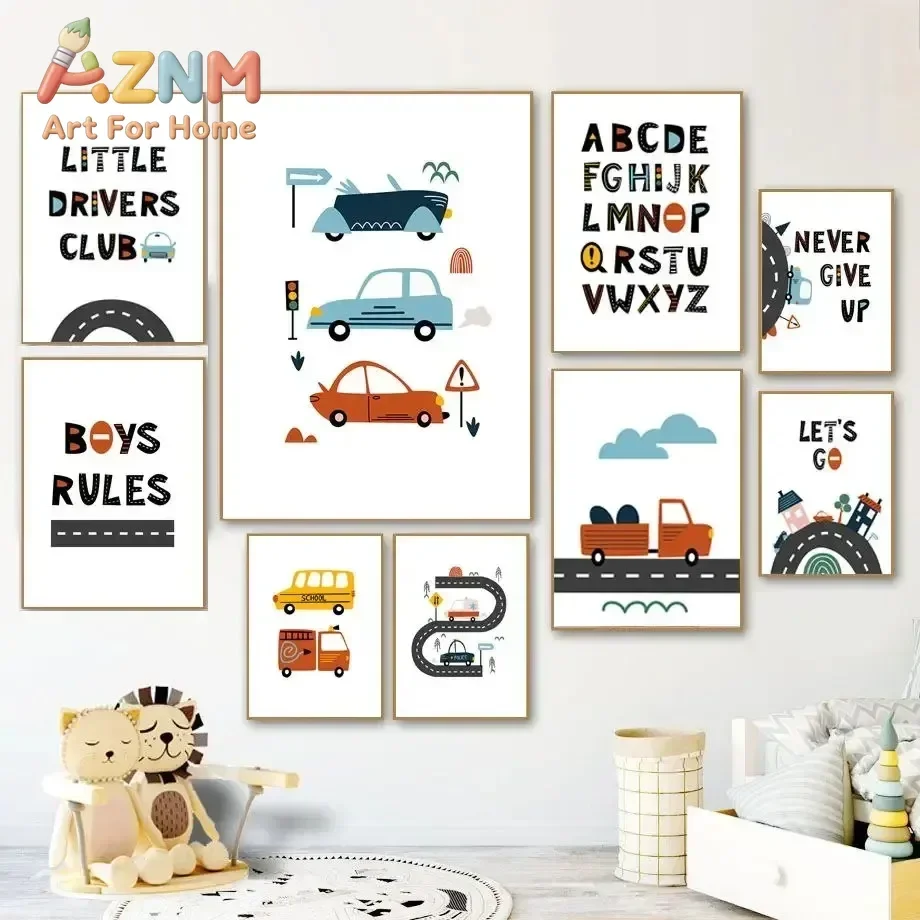 Canvas Painting Cartoon Car Truck School Bus Traffic Sign Nursery Wall Art for Kids Room Decor Wall Decor