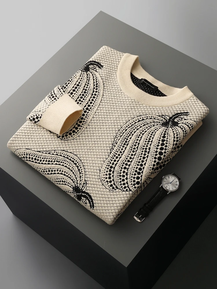 

TLOML мужской трикотаж из 100% мериносовой шерсти, утепленный жаккардовый пуловер с круглым вырезом и тыквой, осень-зима, вязаный повседневный свитер, удобные топы