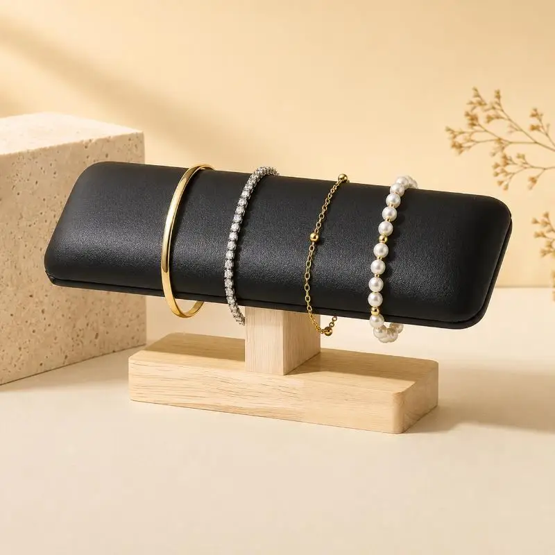 1 Stück T-förmiger Schmuckhalter mit Holzsockel aus PU-Leder und Samt für Armbänder, Uhren, Haarbänder und Schmuckaufbewahrung – Detail 15
