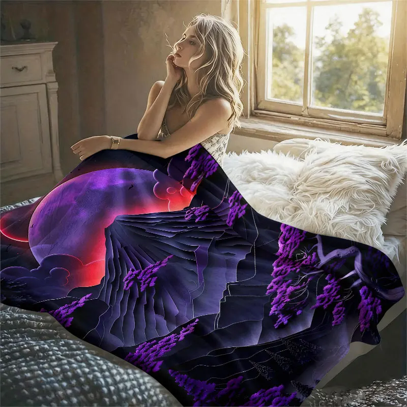 Purple Moon Fuji Paper Art Flannel Blanket Perfect for Sofa Office Bed Travel Sleep Read Relax Camping Four Season Use