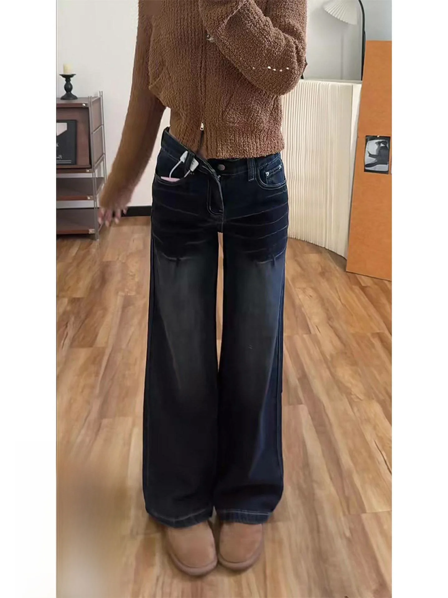 

Американские джинсы-клеш из тонкого денима глубокого синего цвета для женщин, летние, новые, маленькие размеры, повседневные, прямые брюки