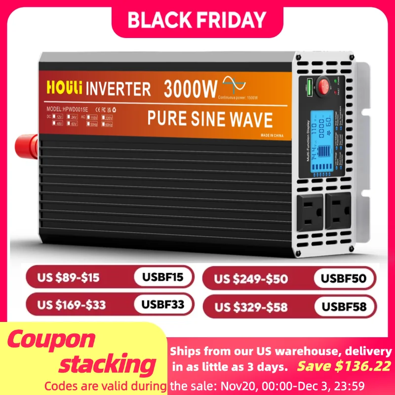 

HOULI 2000W-5000W Чистая синусоида Инвертор 12 В/24 В до 120 В переменного тока с ЖК-дисплеем и USB для дома RV Грузовик Склад США Быстрая доставка