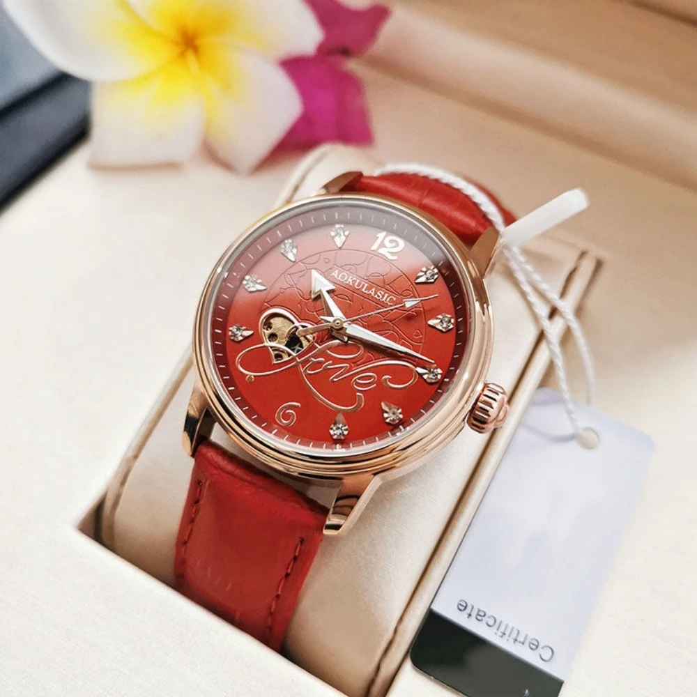 

Women's Fully Automatic Mechanical Watch, Waterproof Luminous Diamond-Encrusted Wristwatch, Skeleton Transparent Movement + Leather Strap, Light Luxury Dial, Fashionable and Versatile Style, Suitable for Daily Commuting, Dating, and Parties, the First Cho