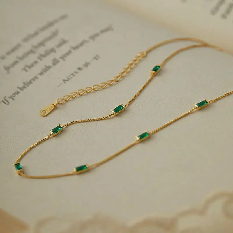 

Free Dropshipping Fashion Trendy Gold Metal Emerald Zircons Charm Starry Necklace Crystal CZ earl Bead Breath Choker Neck Chain