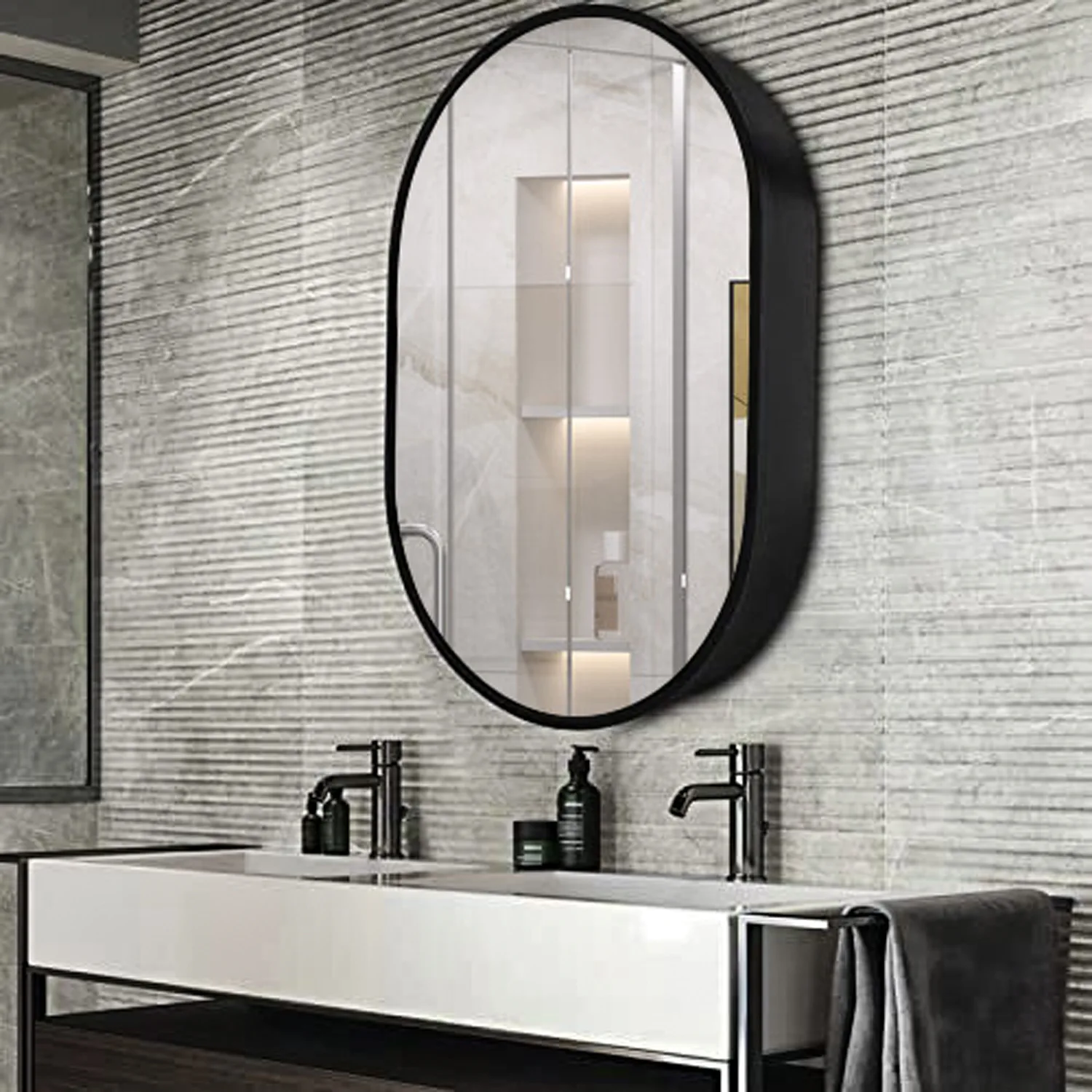 Oval smart LED bathroom mirror cabinet, wall-mounted with light strip, anti-fog bathroom vanity mirror, storage on Amazon