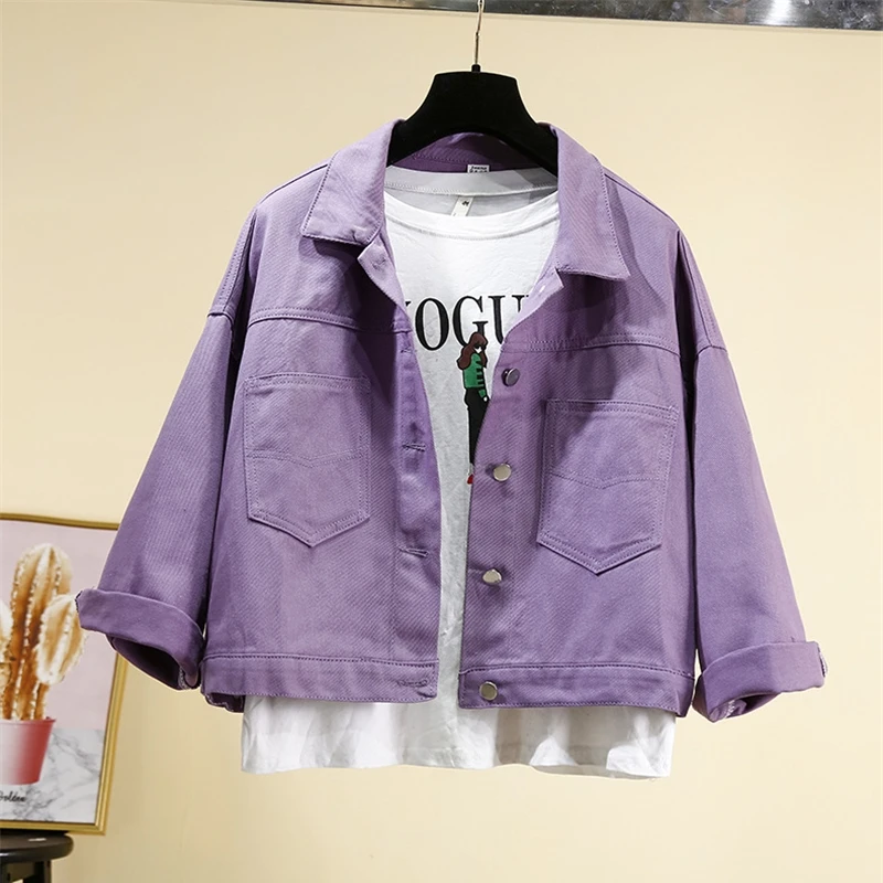 2024 Spring Autumn Purple Denim Jackets Short Women\'s Coat Pockets Single Breasted Long Sleeve Loose Solid Female Outwear Trend