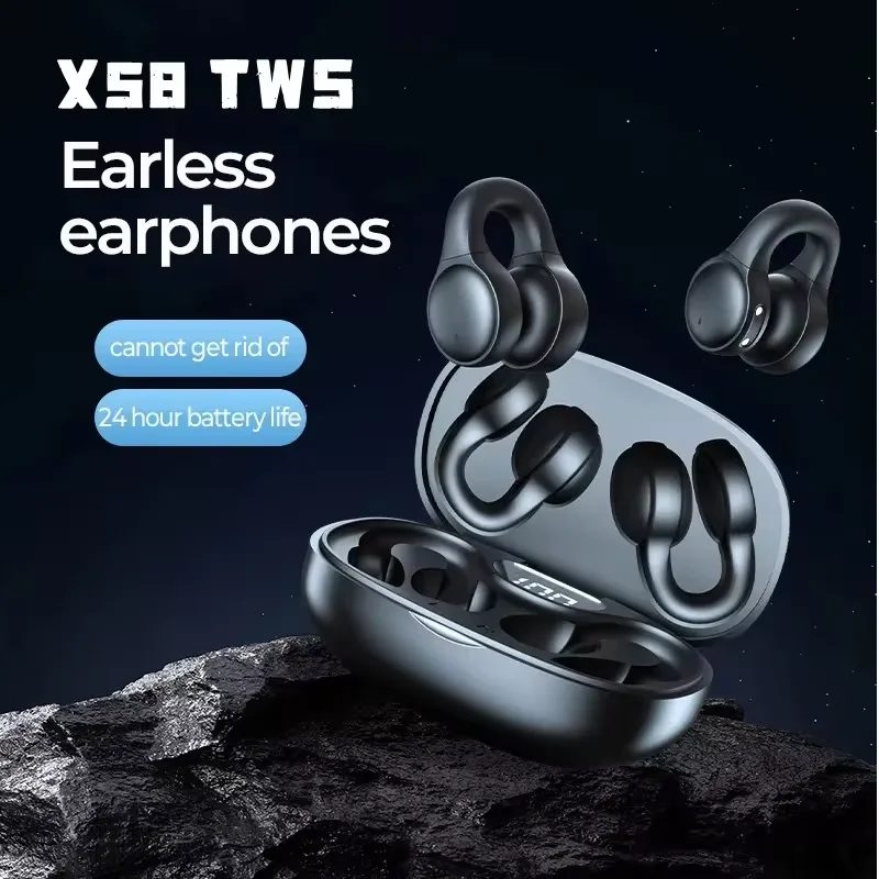 X58 Clip-on Earphones Bluetooth Bone Conduction Open Ear Earbuds Sports Wireless Headphones with Mic Touch Control Waterproof