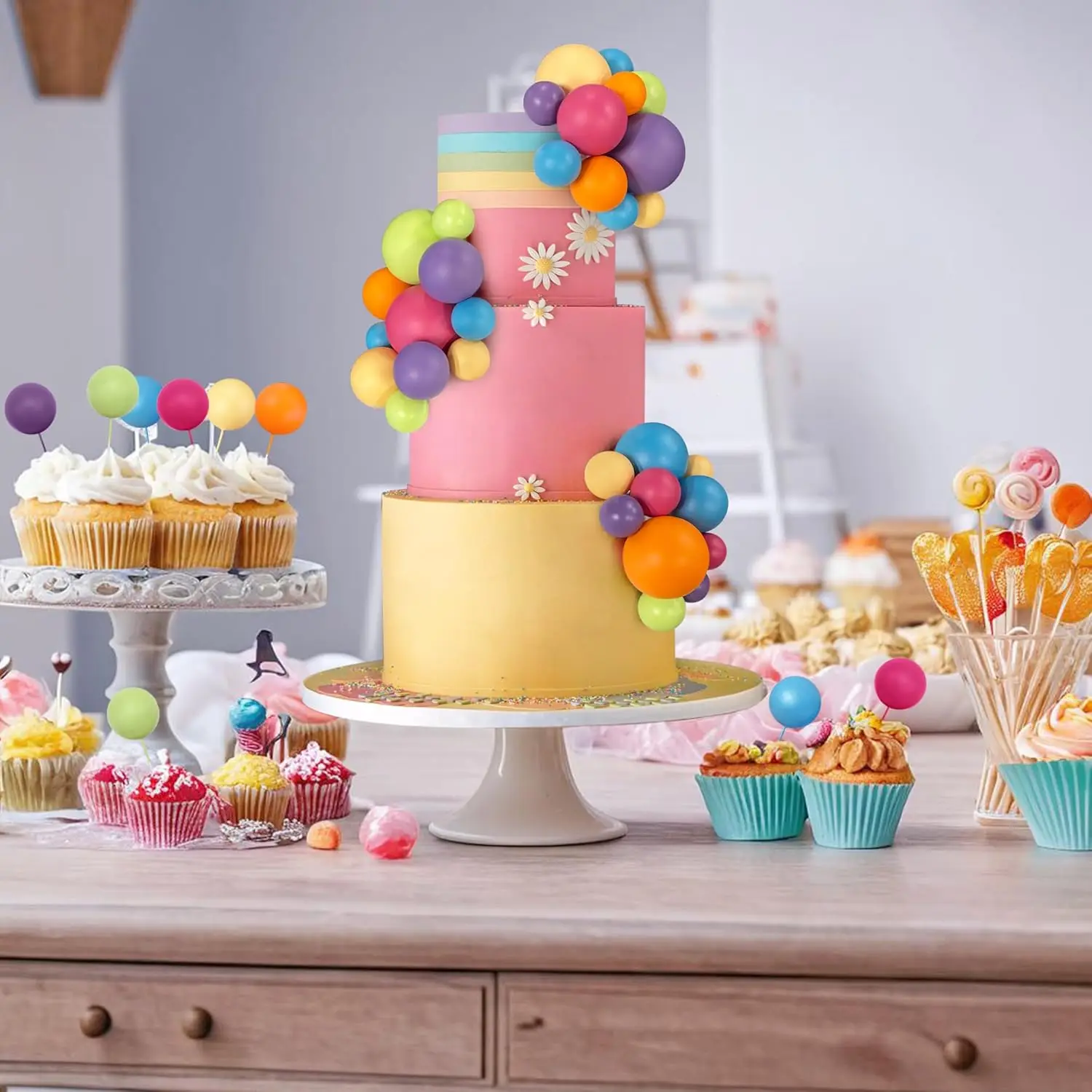 56 Stück Kugel-Kuchen-Picks, bunter kugelförmiger Kuchenaufsatz, Perlenkugeln, Cupcake-Kucheneinsatz-Aufsatz für Hochzeit, Geburtstag, Party – Detail 5