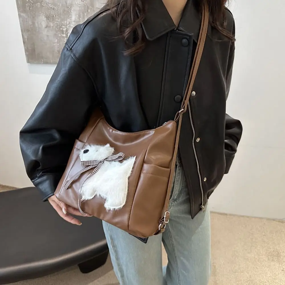 

Fashion PU Women Tote Bag Plush Puppy Solid Color Shoulder Bag Large Capacity Soft Casual Backpack Students