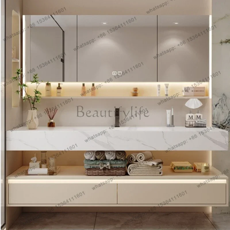 Sets Solid Wood Bathroom Cabinet Rock Slab Seamless Integrated Basin modern Bathroom Hand Wash