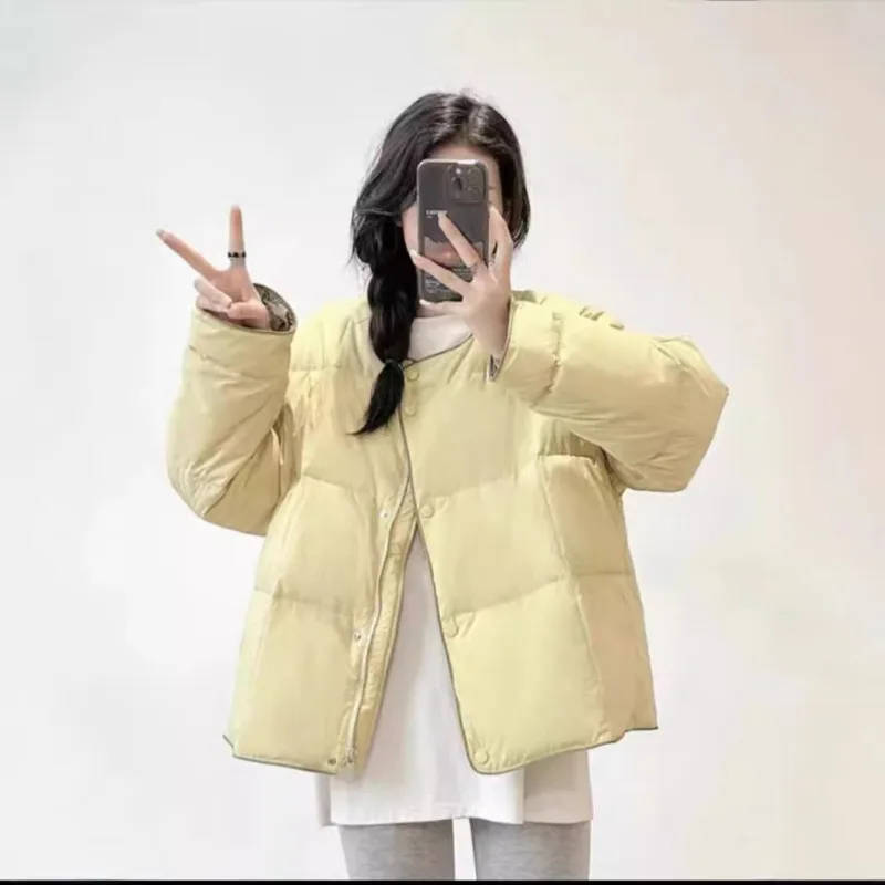Women's Winter Top Coat Down Jacket White Duck Down Round Neck Contrasting Colors Thickened Warm Simple Comfortable Casual Soft