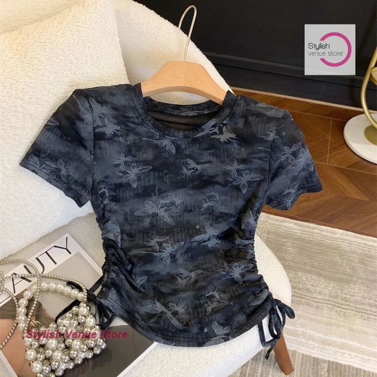 

Maillard style gradient mesh short sleeve women's T-shirt summer fashion ruffle loose comfortable drawstring transparent top.