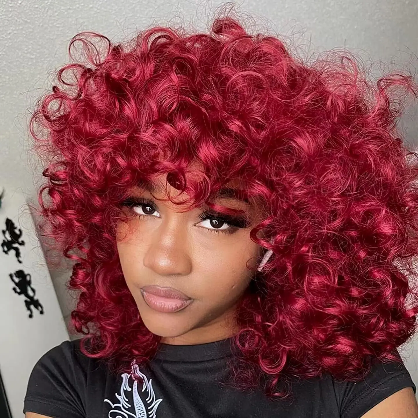 210% 99J Burgundy Bouncy Curly Human Hair Wigs with Bangs Afro Kinky Curly Full Machine Made Wigs Brazilian Remy with Baby Hair